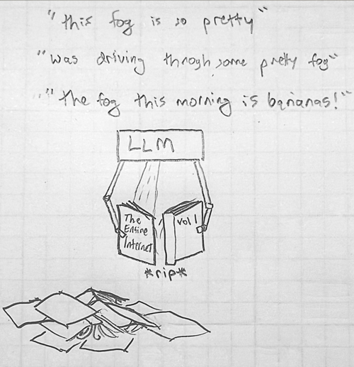 cartoon of a box labelled LLM with robotic arms ripping apart a book labelled 'The Entire Internet, Vol 1' while reading phrases like 'This fog is so pretty', 'was driving through some pretty fog', 'the fog this morning is bananas!'
