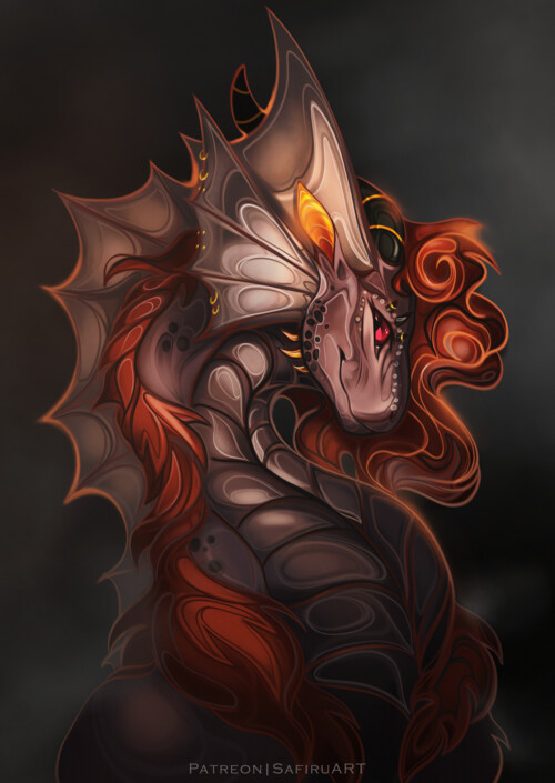 A bust of a dragon with dark grey scales and brown/gold mane