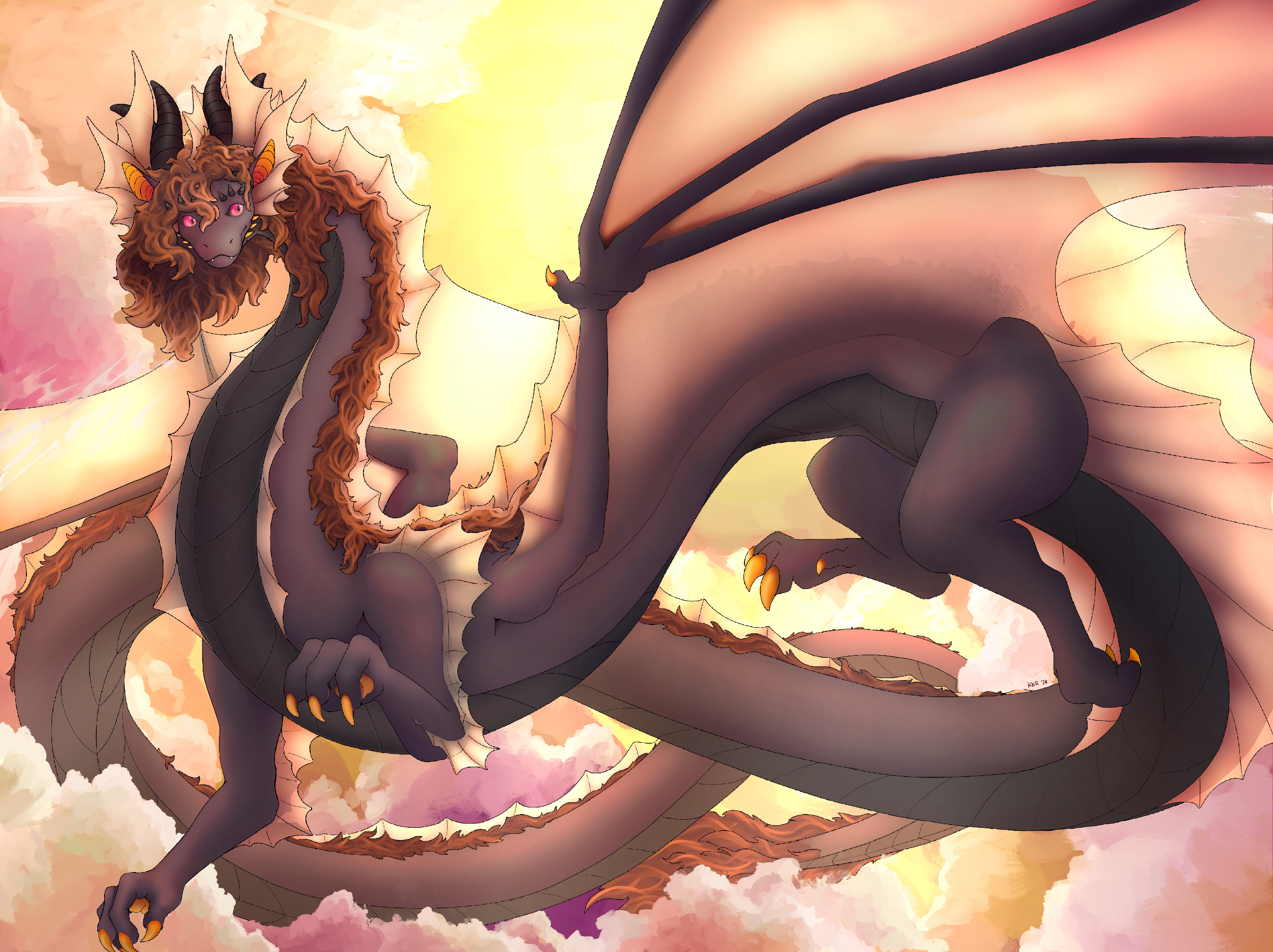 A long and majestic dragon with purple-black scales unfolds its wings in the golden light of a sunset amidst the clouds.